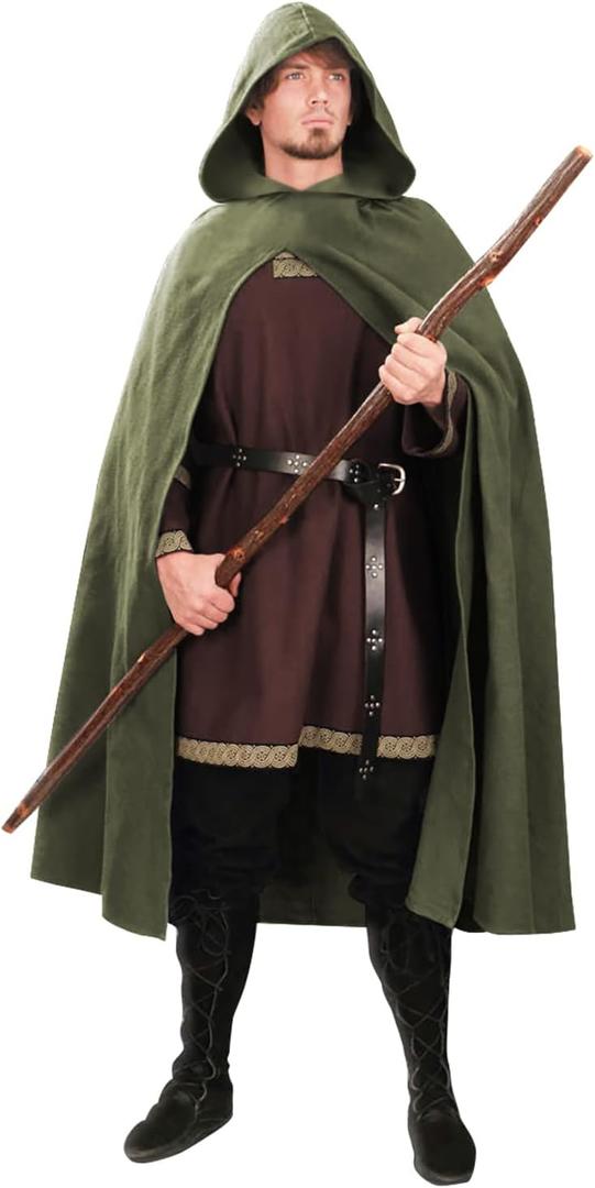 Renaissance Cloak with Hood Medieval Costume Men and Women Cape Halloween (One Size, Green1)