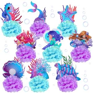 9 Pcs Mermaid Centerpieces Birthday Party Table Decorations Supplies Ocean Theme Underwater Animals Party Favors Double Sided Honeycomb Favor for Wedding (Mermaid)
