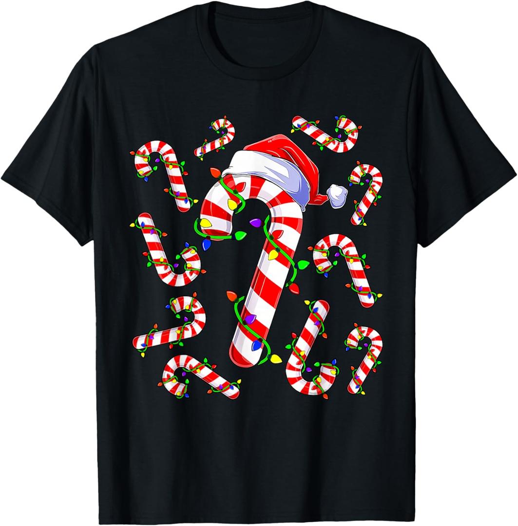 Red and White Christmas Candy Cane Santa Lights Christmas T-Shirt, Size M
