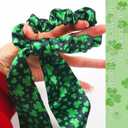 2 x 2PCS Green Shamrock Hair Ties for Women Girls, St Patrick's Day Hair Accessories for Thick Hair, Dark Green Clover Leaf Hair Ties, Long Tail Hair Ties Hair Cuff for Irish Day Parade Party
