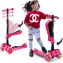 Hurtle 3-Wheeled Scooter for Kids - Wheel LED Lights, Adjustable Lean-to-Steer Handlebar, and Foldable Seat - Sit or Stand Ride with Brake for Boys and Girls Ages 1-14 Years Old (Pink)