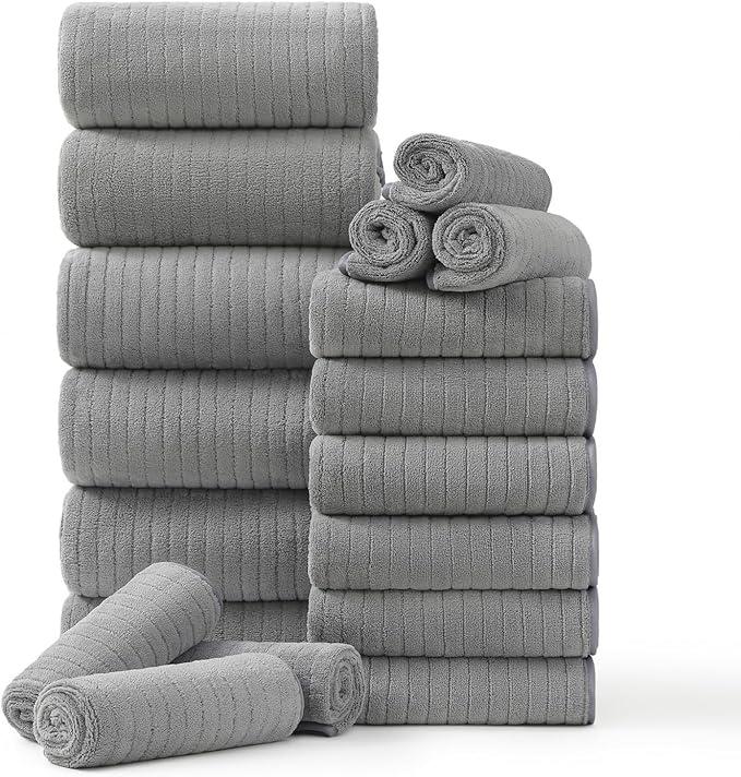 Hailea 18 Piece Family Bath Towel Set Include 6 Bath Towels,6 Hand Towels and 6 Washcloths Soft Bathroom Towel with Hanging Loops,Highly Absorbent Quick Dry Towels Set for Bathroom,Hotel and Spa-Grey