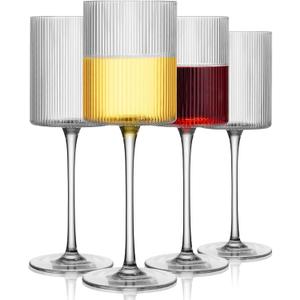 LUXULISH Ribbed Square Wine Glasses Set of 4, Vintage 13Oz White Red Wine Glass, Hand Blown Crystal Wine Glasses - Gifts for Women, Men, Wedding, Anniversary, Christmas, Birthday
