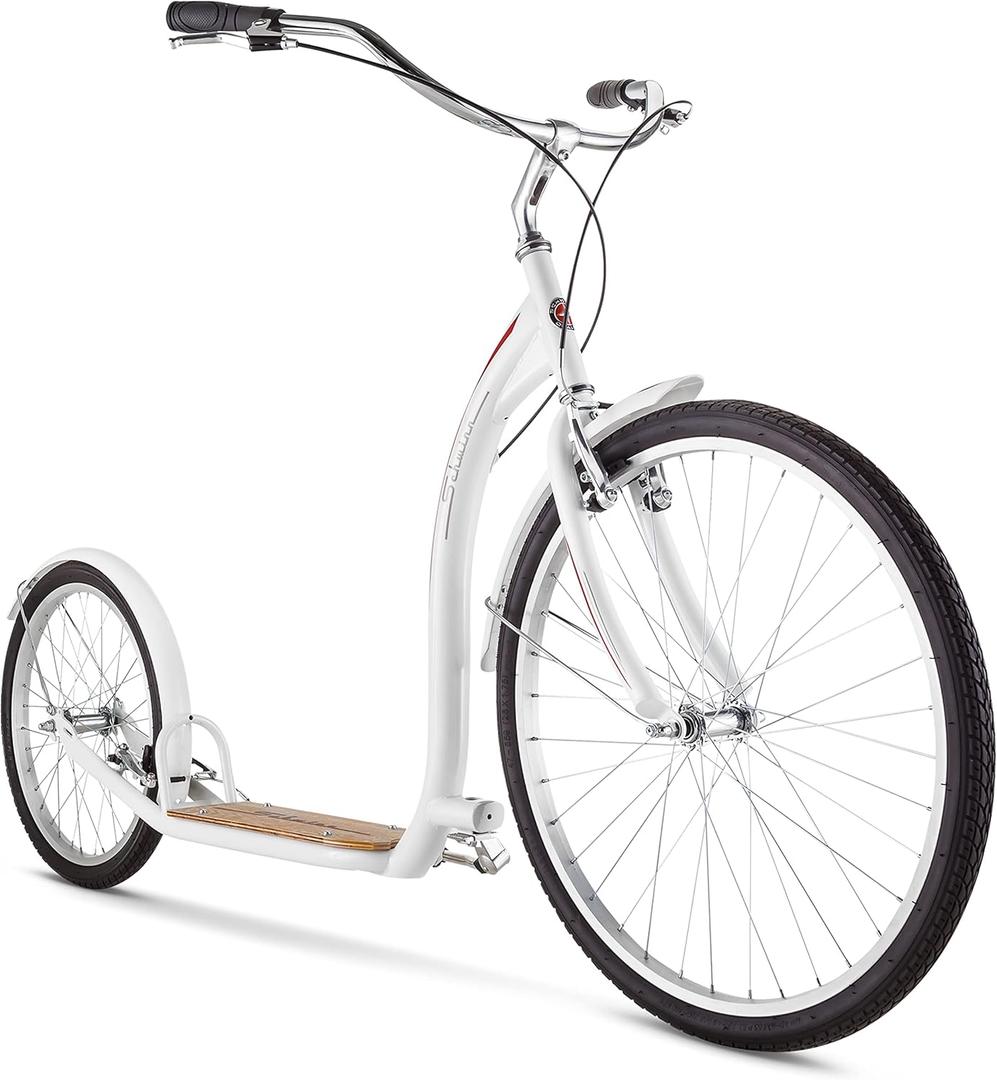 Schwinn Shuffle or Shuffle Deluxe Adult Kick Scooter, 26 Inch Front Wheel & 20 Inch Rear Wheel, Smooth Ride, Durable Steel Frame, Fenders, Front & Rear Linear Pull Brakes, Two Wheel Scooter for Adults (White)