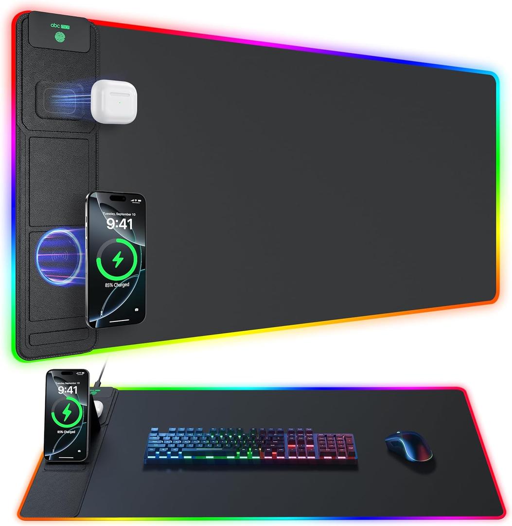 4-in-1 RGB Gaming Mouse Pad with Wireless Charging & Phone Stand, 31.5"x15.8" Large, 24 Light Effects, Non-Slip Base, Waterproof Ultra-Smooth Surface, with Adatper