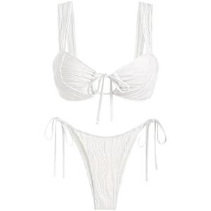 ZAFUL Women's Cinched Bikini Solid Color Wave Textured Knotted Tied Side Two Piece Swimsuit Bathing Suits M