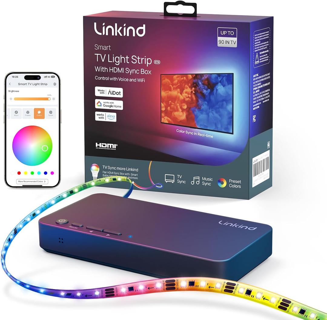 Linkind HDMI 2.0 Sync Box, AI LumiSync Technology ET6 Smart TV Backlights, Supports 4K@60Hz, LED Backlights for 90 inch TVs, for Christmas Decorations, Smart App Control, Music Sync