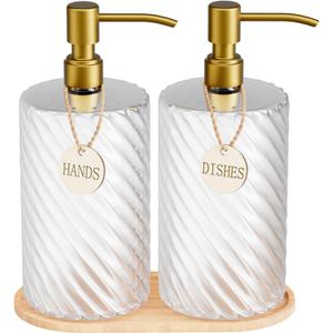 18Oz Spiral Stripe Soap Dispenser Set - Gold Stainless Steel Pump with Wood Tray, Refillable for Kitchen Sink & Bathroom Vanity, Dish Liquid & Hand Soap Storage Solution