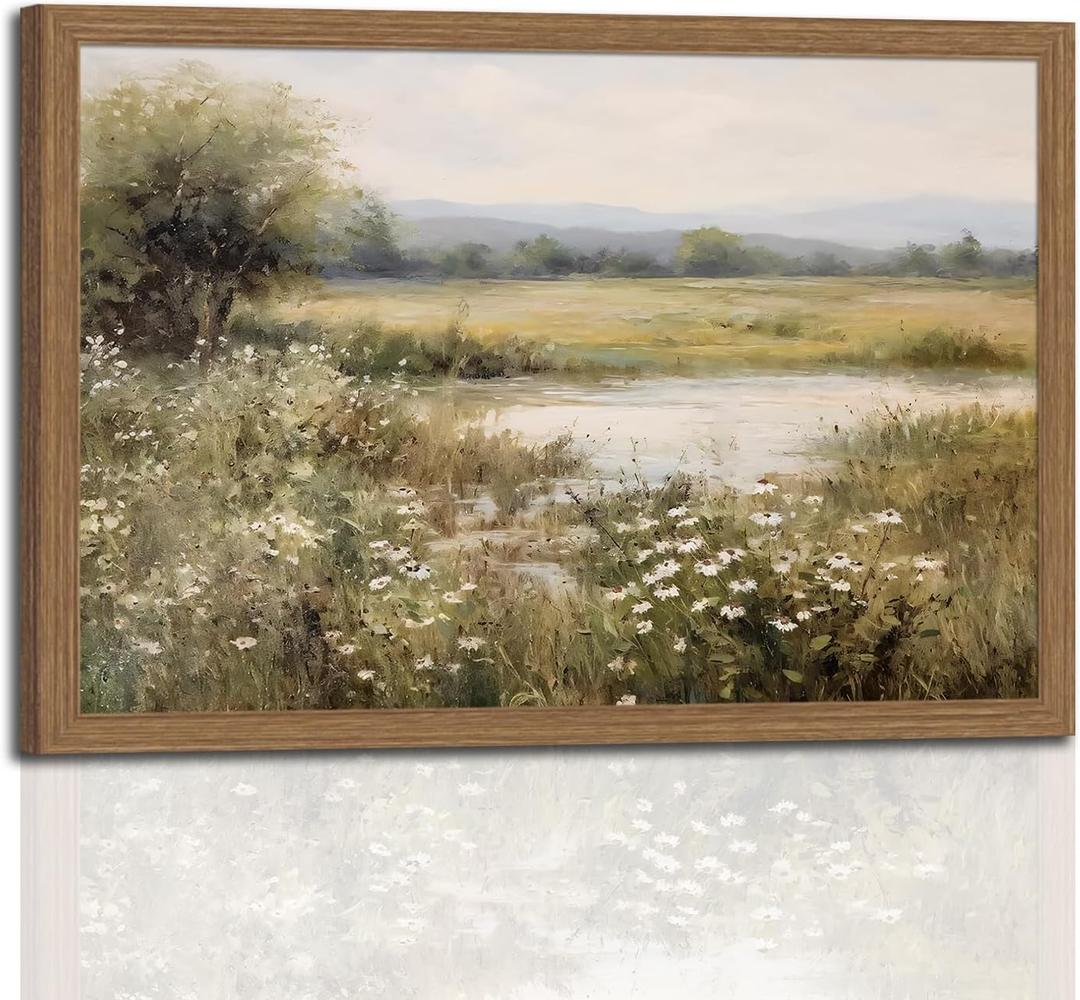 Framed Canvas Wall Art – Spring River Landscape with Wildflowers Painting, Vintage Decor, Farmhouse Wall Decor for Home, Office, Bedroom, Living Room Decor 16x24in