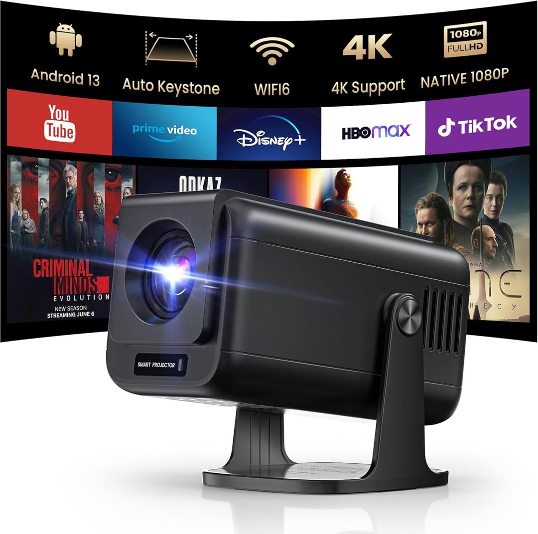 Mini 4K Projector with Wifi and Bluetooth, 1080P Full HD Smart Outdoor Portable Movie Small Projector with 270Rotatable Stand, Android 13 OS, Auto Keystone, Support Big Screen for Home Bedroom