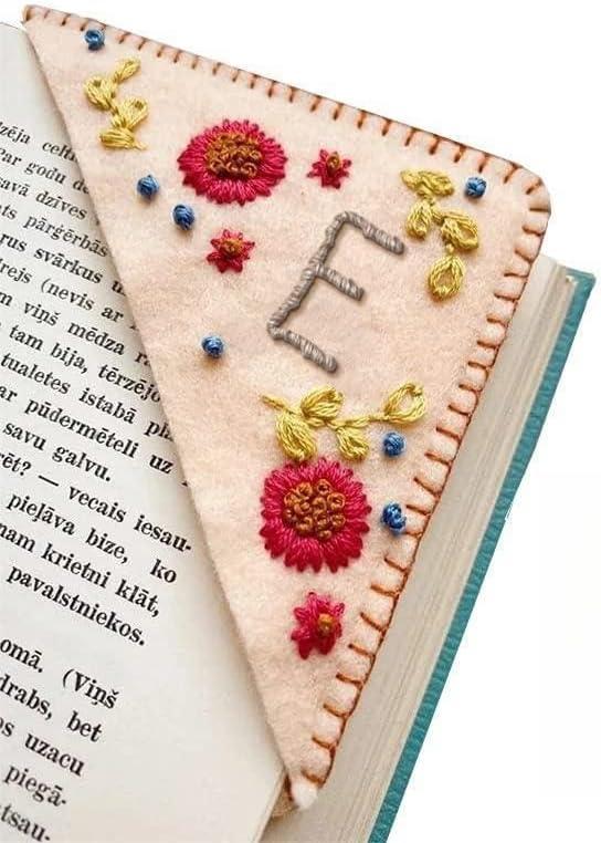 MOTEERLLU Personalized Hand Embroidered Corner Bookmark,Felt Triangle Page Stitched Handmade Bookmark,Unique Cute Flower Letter Embroidery Bookmarks Accessories for Book Lovers(Fall-e)