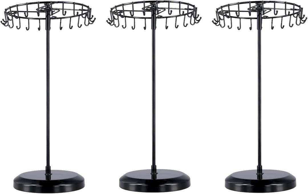 SINJEUN 3 Pack Rotating Necklace Holder, 14 Inch Metal Jewelry Organizer Display Stand with 23 Hooks, Black