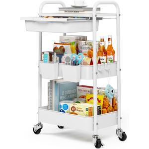 3 Tier Metal Rolling Utility Cart with Drawer & Lockable Wheels - Heavy-Duty Multifunctional Storage Organizer with 2 Cups and 4 Hooks for Bathroom, Kitchen, Snack, Craft, Makeup, Baby Essentials