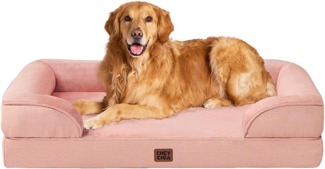 EHEYCIGA Orthopedic Dog Beds for Extra Large Dogs, Waterproof Memory Foam XL Pet Bed with Sides, Non-Slip Bottom and Egg-Crate Foam Big Dog Couch Bed with Washable Removable Cover, Dusty Pink