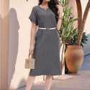 Womens Casual T Shirt Dress Summer Fall Crewneck Loose Fit Side Split Knee Length Dress Ribbed Pattern with Pockets (Gray, S)