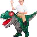 Spooktacular Creations Kids Halloween Inflatable Dinosaur Costumes, LED Eyes Riding T-rex Blow Up Costume for Halloween Party (Green)