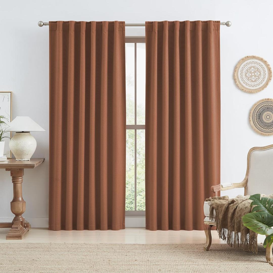 KEQIAOSUOCAI Rust Terracotta Blackout Curtains 96 Inch Length 2 Panels Boho Fall Bohemian Back Tab Hook Belt Pleated Brick Red Copper Color Linen Textured Curtains for Living Room Bedroom 50x96