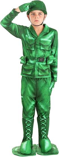 Plastic Green Army Man Costume for Kid's - Shirt, Pants, Belt, Hat, Boot Covers, 10-12