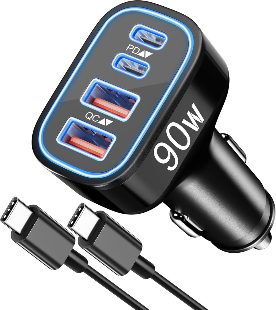 90W 4-Port USB C Super Fast Car Charger for Samsung Galaxy S25/S24/S23/S22 Ultra, iPhone 17/16/15 Pro Max, Pixel, Android, Type C Fast Charging Car Phone Charger Adapter Accessories + 3FT USB-C Cable