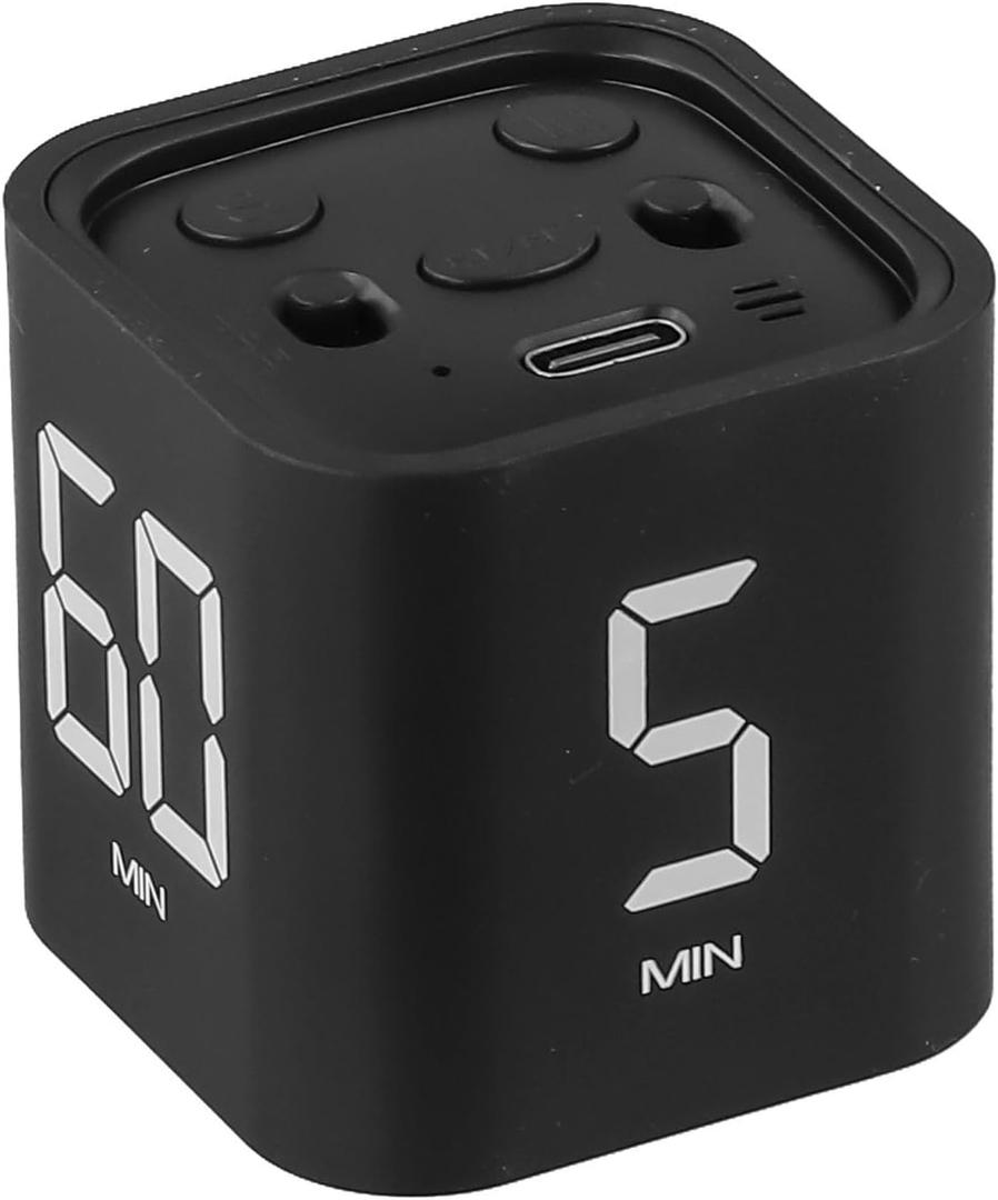 For Gravity Sensor Flip Cube Kitchen Timer with Silent Countdown, Adjustable Volume Levels, Manual Mode and Rechargeable 500mAh Battery for Cooking, Study, Office and Activities, Black(Black)