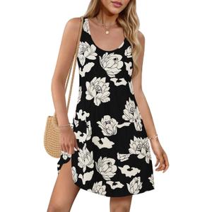 Wenrine Womens Summer Dresses Casual Floral V Neck Sleeveless Loose Boho Beach Tank Dress Sundress with Pockets (Medium, Black)