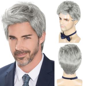 DDHAIR Men's Wig Short Silver Grey Wig Men Natural Layered Synthetic Hair Wigs for Man Male Guy Daily Halloween, Grey