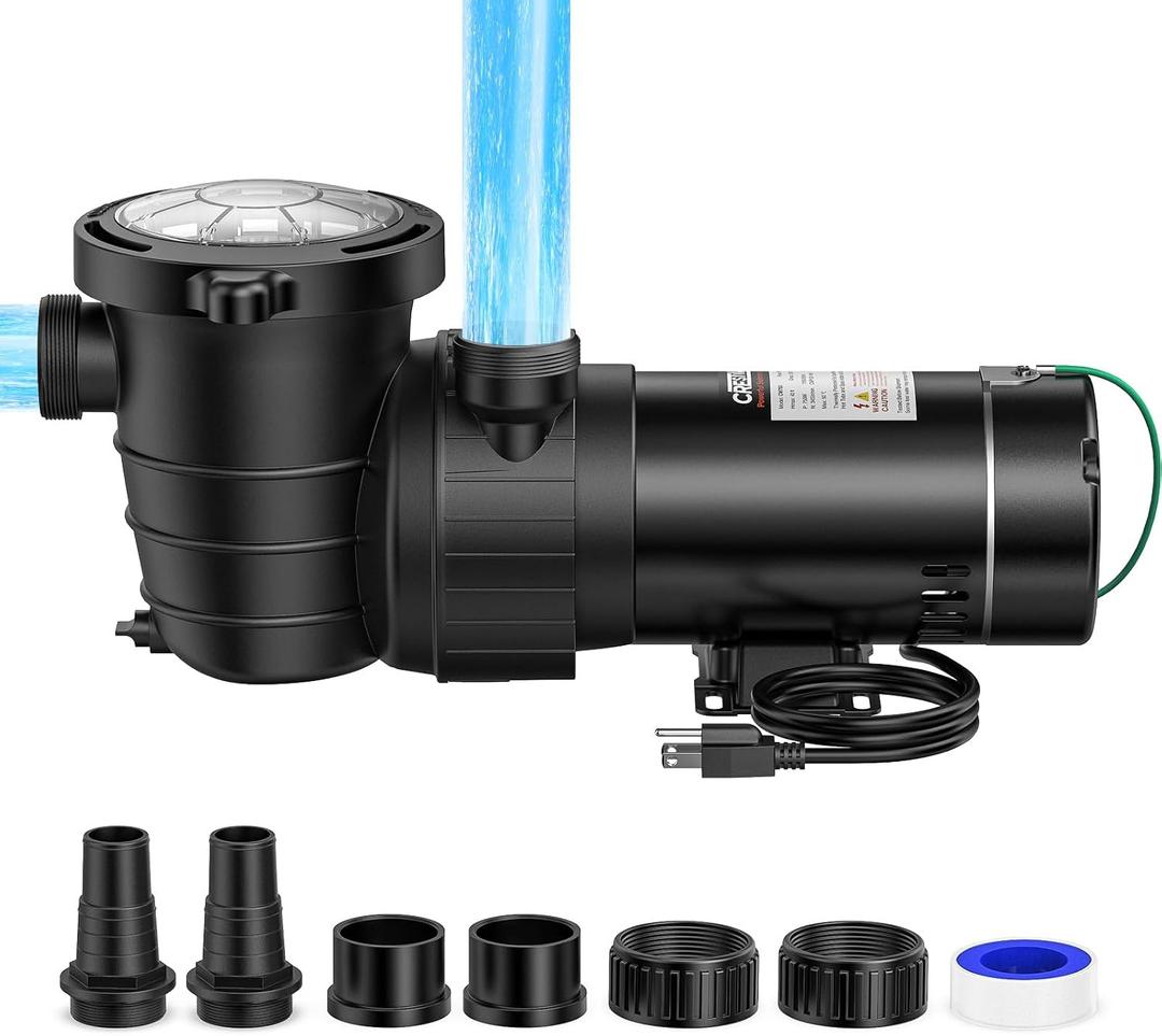 CrestWave 1 HP Above Ground Pool Pump 5300GPH High Flow 115V Single Speed | Self-Priming Pump, Quiet Energy Efficient w/Large Strainer Basket, 1.5", 1.25"-1.5" Adaptors, Fits Pools Spas Irrigation, Black