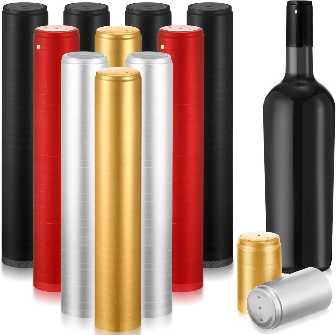 Zonon 200 Pieces PVC Heat Shrink Capsules Hot Sauce Bottles 28 x 50mm Woozy Bottles Capsules Shrink Caps,5oz 10oz(Black, Gold, Red, Silver)