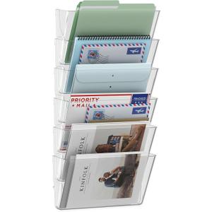 MINDEPOT 6 Pockets Acrylic Wall File Organizer, Clear Wall File Holder, Plastic Hanging Wall File Holder for Office, School and Home, Clear