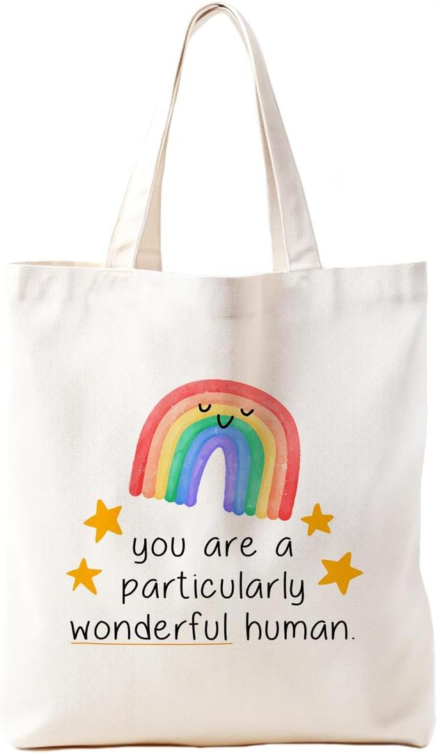 Rainbow Canvas Tote Bag for Women Girls, Inspirational motivational Rainbow Gifts for Women, You are a Particularly Wonderful Human, Reusable Grocery Shopping Bag