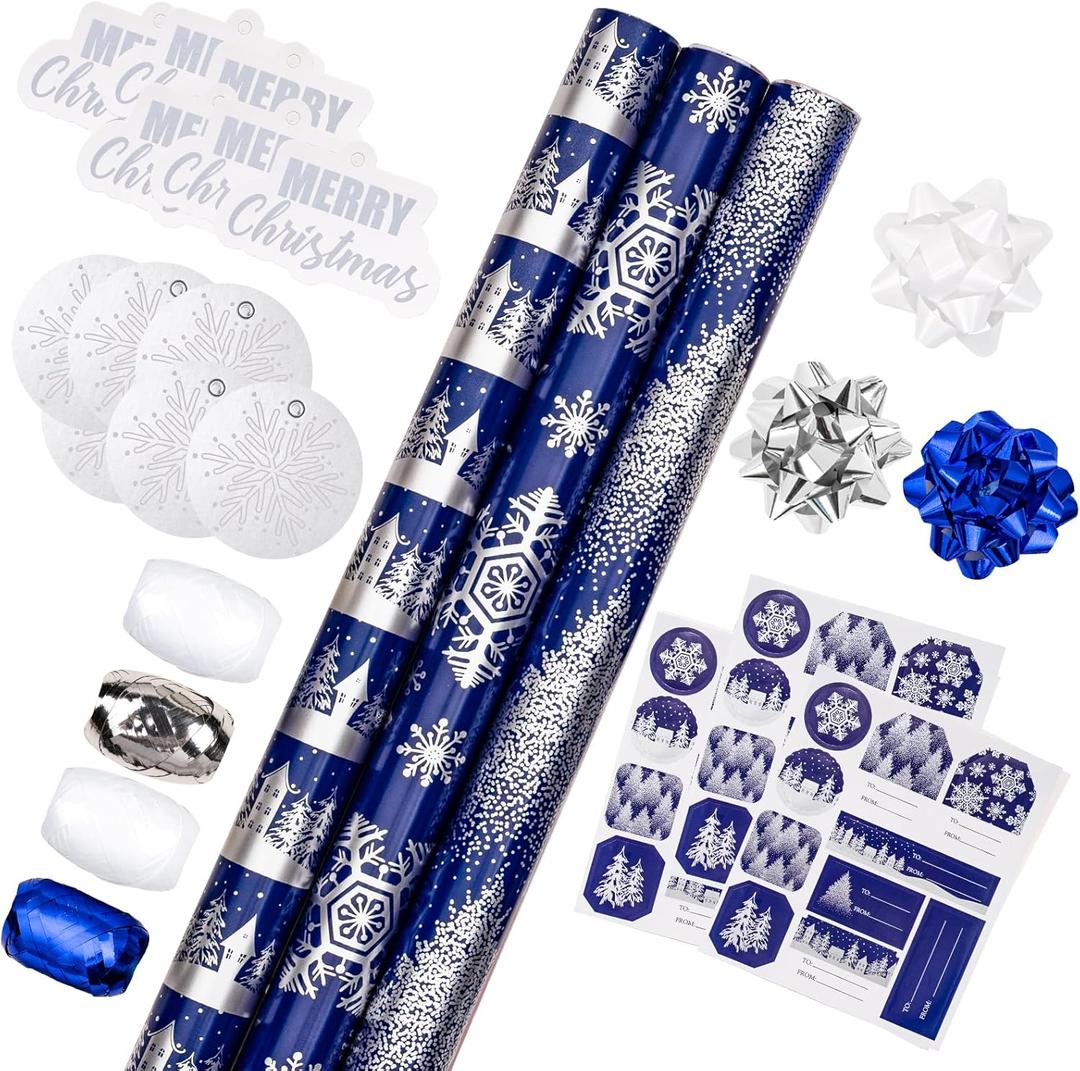 LeZakaa Christmas Wrapping Paper Bundle -Mini Roll with Bow, Ribbon, Sticker, Gift Tag -Navy with Silver Foil Design with Snowy Woodland Scenes/Snowflake/Tree-17x120 inches-3 Rolls (42.5sq.ft.ttl.)