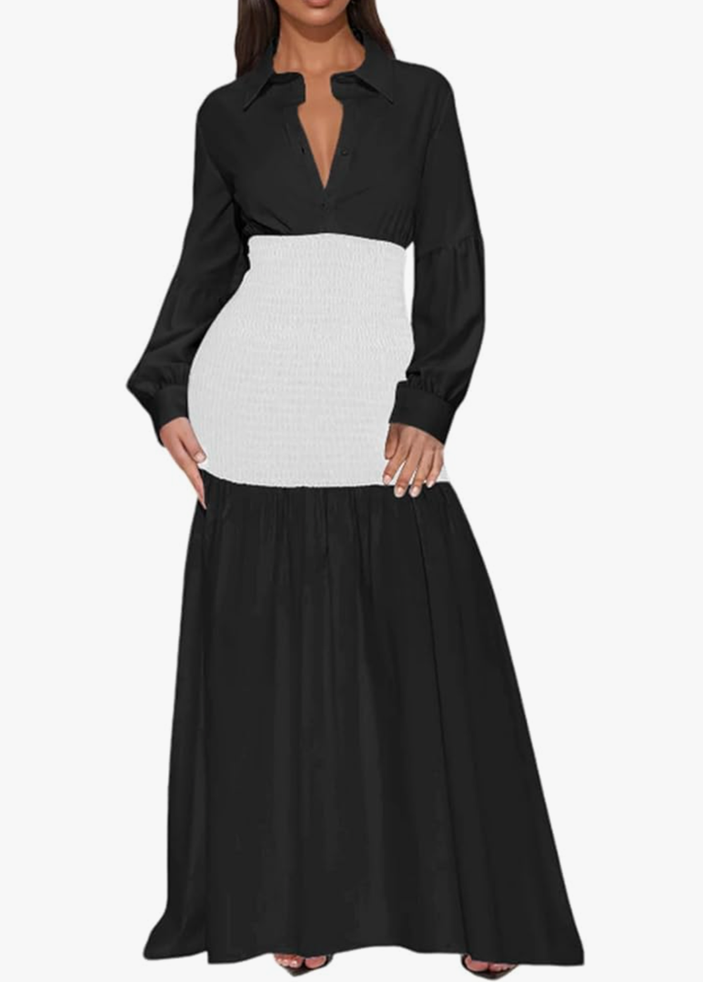 Ekaliy Women's Puff Long Sleeve Shirt Dress Elegant Button Down Loose Swing Party Maxi Dress Black XL