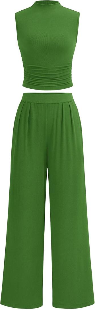 PRETTYGARDEN 2 Piece Sets for Women Summer 2025 Airport Travel Outfits Crop Tank Tops Wide Leg Pants Matching Lounge Sets (Green, XXL)