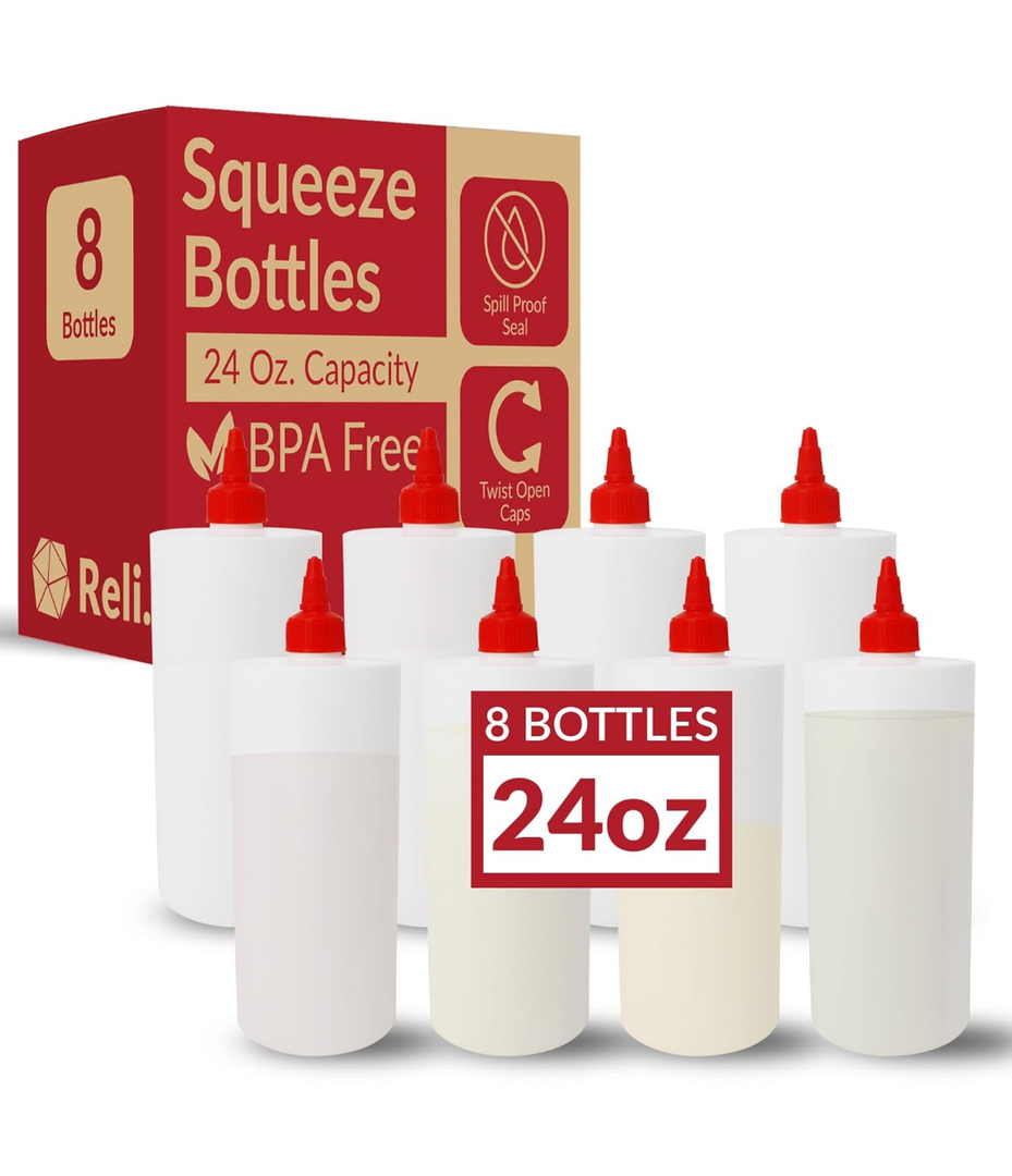 Reli. Plastic Squeeze Bottles, 24 oz. | 8 Pack | Condiment Squeeze Bottles for Sauces | White w/Red Twist Cap | Large 24 Ounce | Use for Condiments, Olive Oil, Liquids