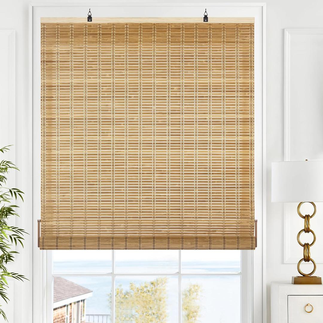 LazBlinds Cordless Bamboo Blinds, Roll Up Shades for Windows, Light Filtering Hanging Window Blinds, Bamboo Shades for Patio Indoor/Outdoor Porch, 34'' W x 48'' H, Brown206