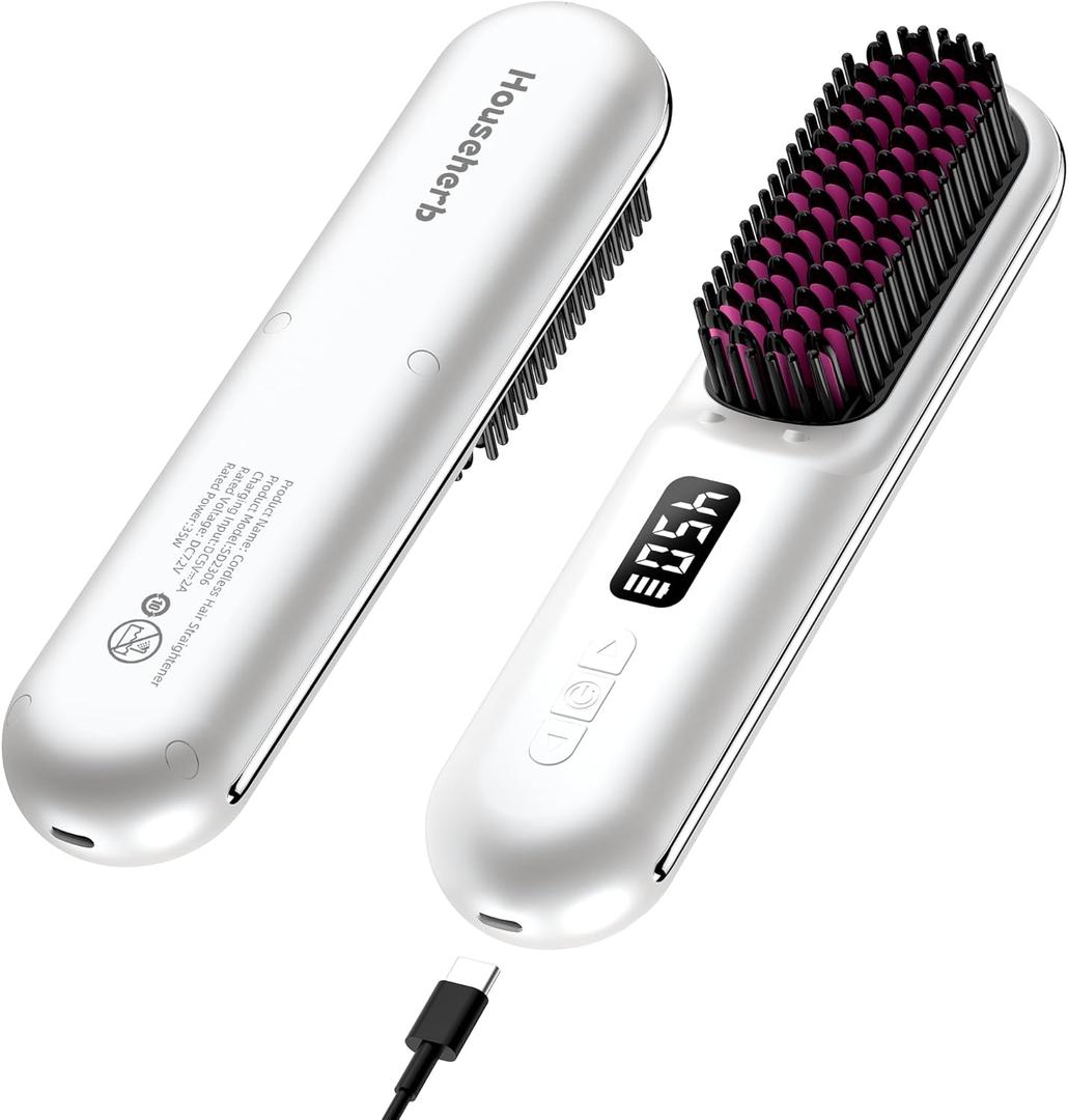 Cordless Hair Straightener Brush, Portable Mini Hair Straightening Brush for Travel, Rechargeable 9600 mAh USB-C, Lightweight Anti-Scald Heated Styling Tools & Appliances (White)