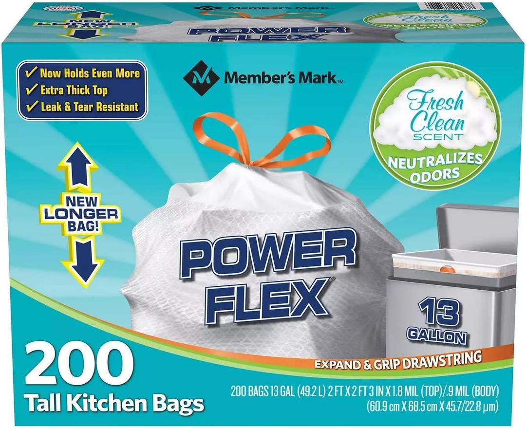 Member's Mark Power Flex Tall Kitchen Drawstring Trash Bags (13 Gallon, 2 Rolls of 100 ct., 200 count total)