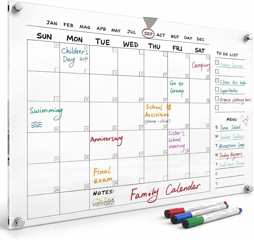 Large 28x20 Acrylic Wall Calendar Clear Dry Erase Monthly Planner for Wall Family Command Center for Home, Office & Kitchen Reusable Acrylic Calendar with Markers & Accessories