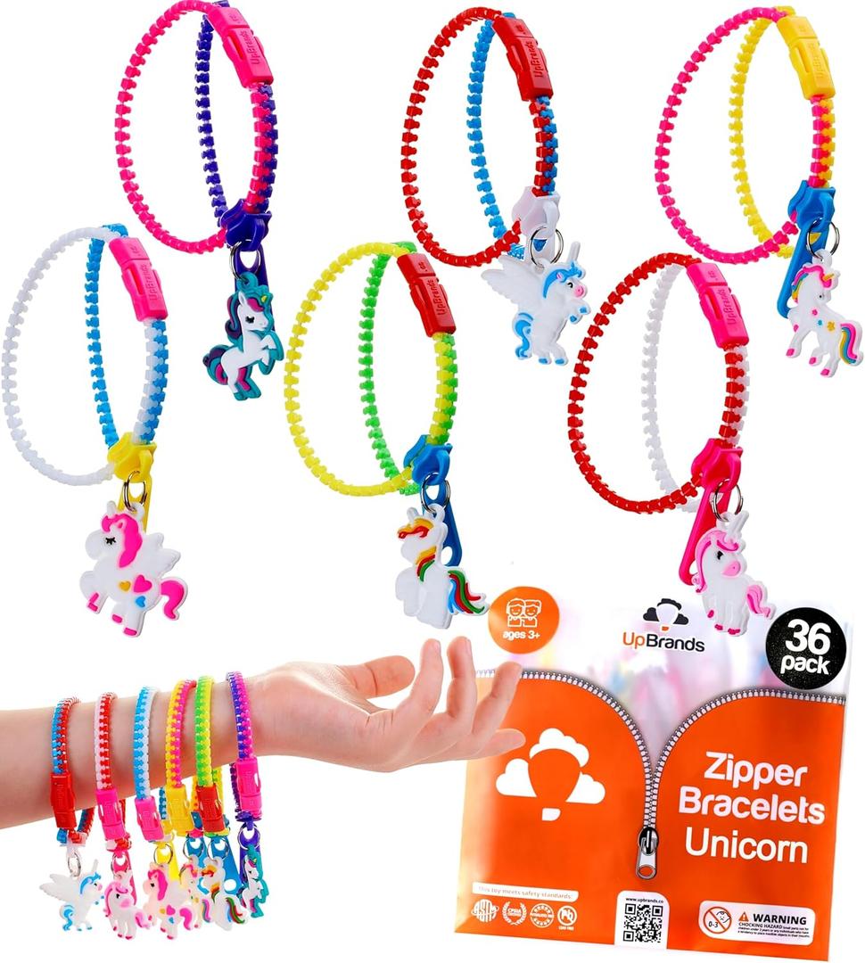 UpBrands 36 Valentines Day Cards for Kids School  Unicorn Zipper Fidget Bracelets with Matching Cards for Classroom Exchange & Non-Candy Gifts