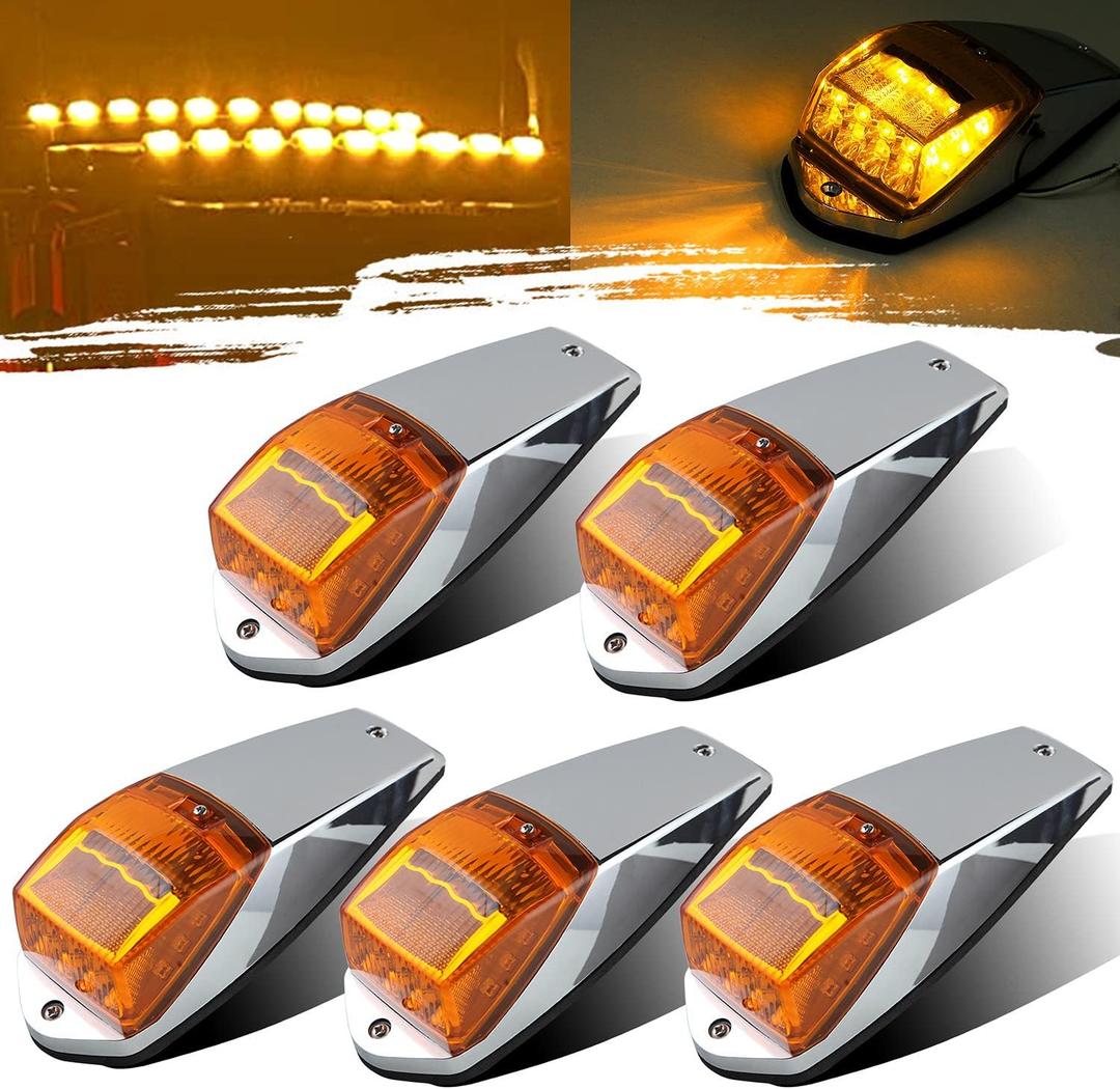 5Pcs Truck Cab Marker Lights 17 LED Amber Cab Roof Top Marker Clearance Running Lights w/Chrome Base Replacement for Peterbilt Kenworth Freightliner Cab Roof Lights Assembly 12V