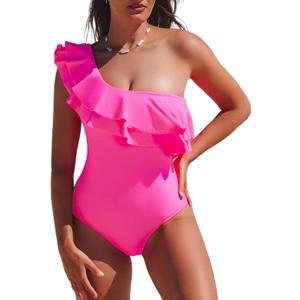Hilinker Women's Ruffle One Shoulder One Piece Swimsuit Monokinis Bathing Suit Hot Pink, Small
