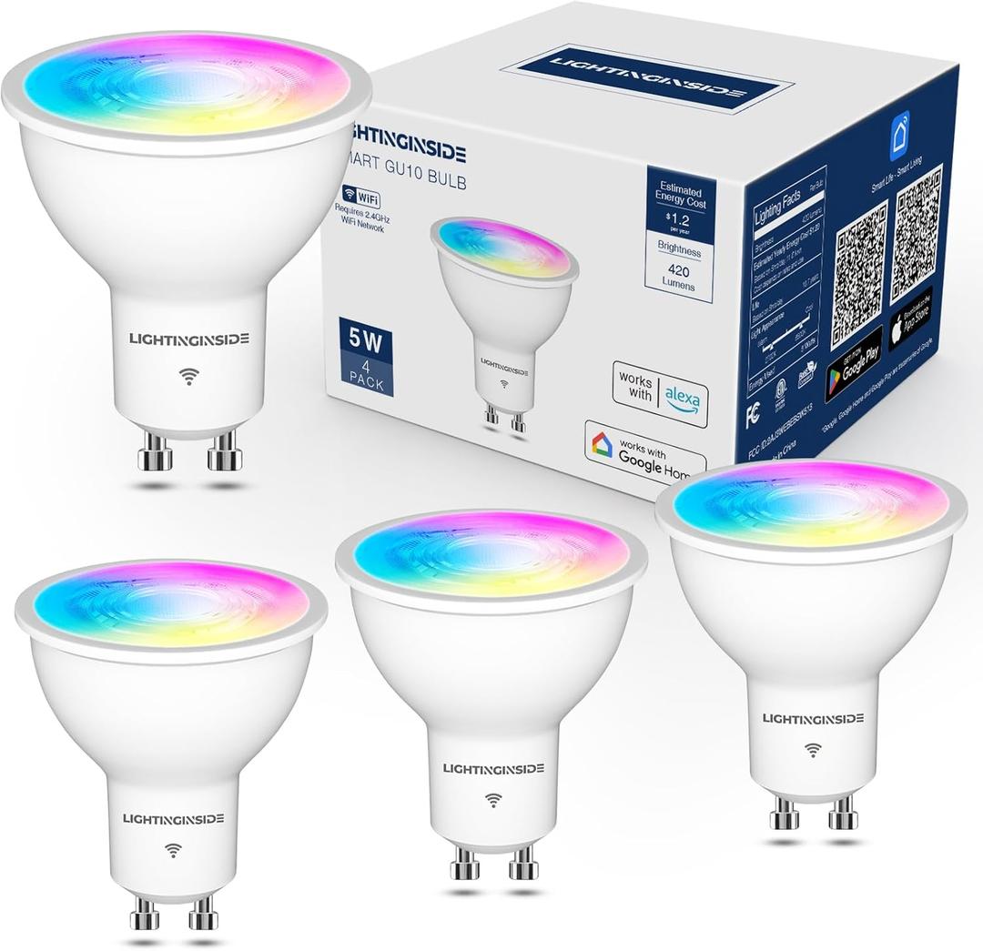 Lightinginside GU10 Smart Light Bulbs 50W Equivalent, 38Beam Angle, Smart Bulb Works with Alexa/Google Home/Smart Life, 5W 420LM, RGBCW Bluetooth Spotlight Track Light, 2.4G WiFi, ETL Listed, 4PCS (Multi-colored)
