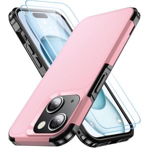Shockproof for iPhone 15 Case,[15 FT Military Grade Drop Protection],with 2X [Tempered Glass Screen Protector ] with Air Bumpers Full-Body Protective Phone Case,Pink Black