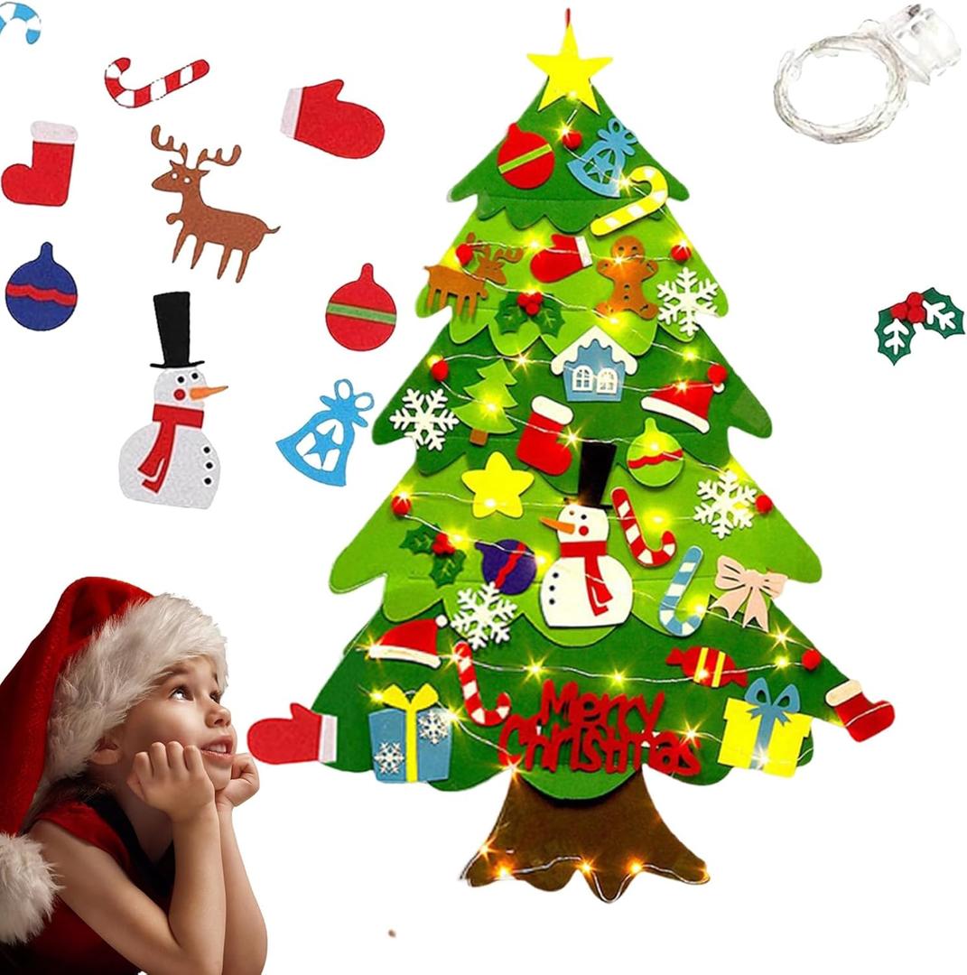 Felt Christmas Tree for Toddlers, DIY Felt Christmas Tree with Lights, Xmas Decorations Wall Hanging for Xmas Party Favors