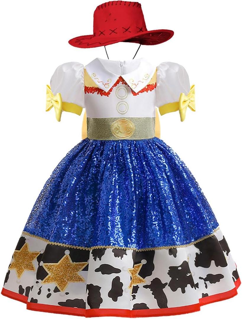 Jessie Dress for Little Girls Cowgirl Sequins Costume Dress Up Halloween Birthday Party Outfit with Hat (5-6Y)