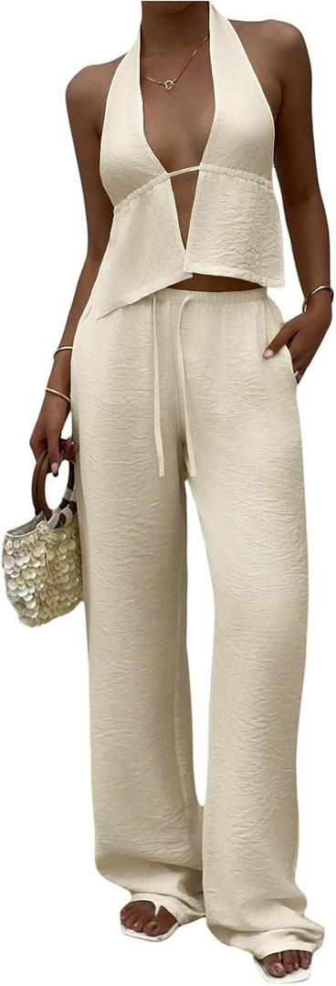 SHENHE Women's Linen Set 2 Piece Outfits Sexy Backless Halter Top Low Rise Palazzo Pants Set (Yellow, L)