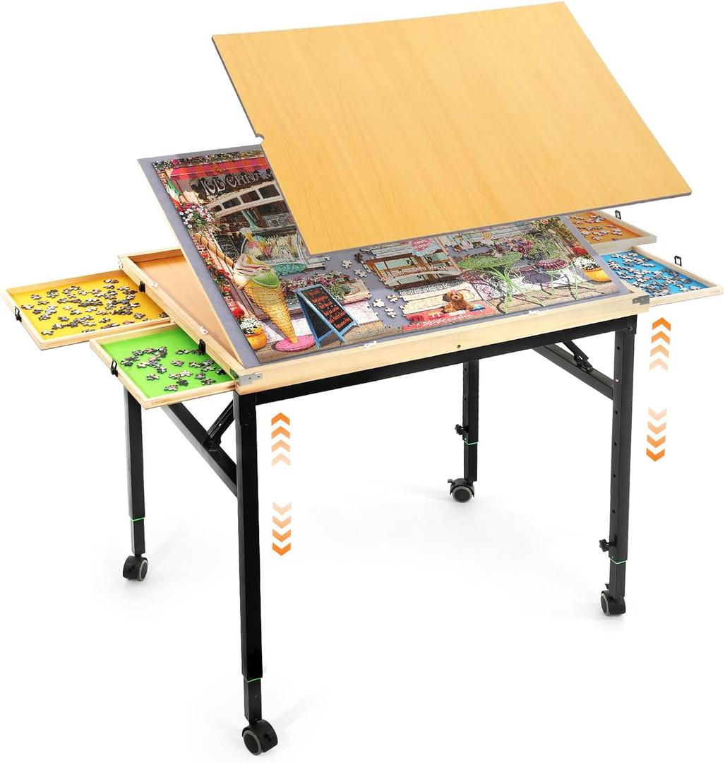 Puzzle Table with Drawers, No Assembly Required Adjustable Height & Tilting Solid Wood Puzzle Board with Wheels, Folding Ergonomic Puzzle Table with Cover for Adults, Extra Large