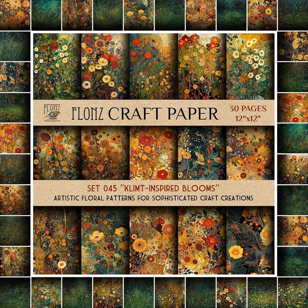 Scrapbook Paper (30 pages 12"x12") Klimt-Inspired Blooms: Artistic Floral Patterns for Sophisticated Craft Creations FLONZ Vintage Styled Double Sided Paper Pad for Craft Cardmaking