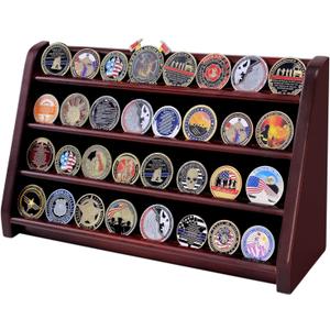 DecoWoodo Challenge Coin Display Case, 4 Row Solid Wood Military Coin Holder Rack Stand Holds 30 Coins for Desk or Wall Mount, Coin Holders for Collectors (Mahogany Finish)