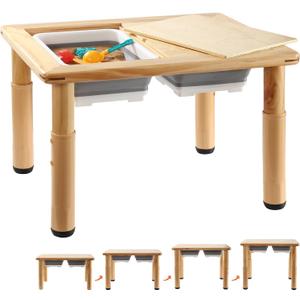 FUNLIO Wooden Sensory Table with 2 Bins for Toddlers 1-5, 4-Level Height Adjustable Kids Activity Table with Anti-Warping Plywood Lid, Indoor/Outdoor Play Sand and Water Table, CPC Certified (-Plasticleg)